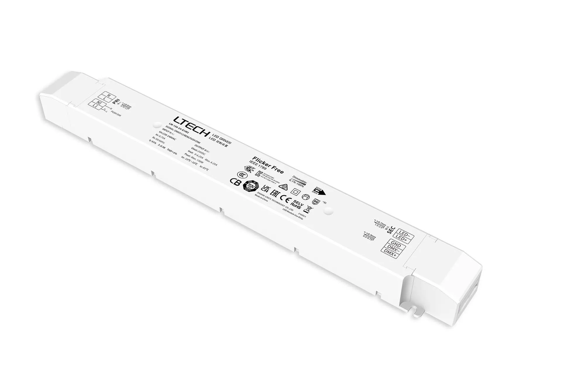 LM-150-24-G1M2  DMX512/RDM/Push DIM, 0-100% Dim, CV 150W, 24Vdc 6.25A, 200-240Vac, IP20, 5yrs Warranty.